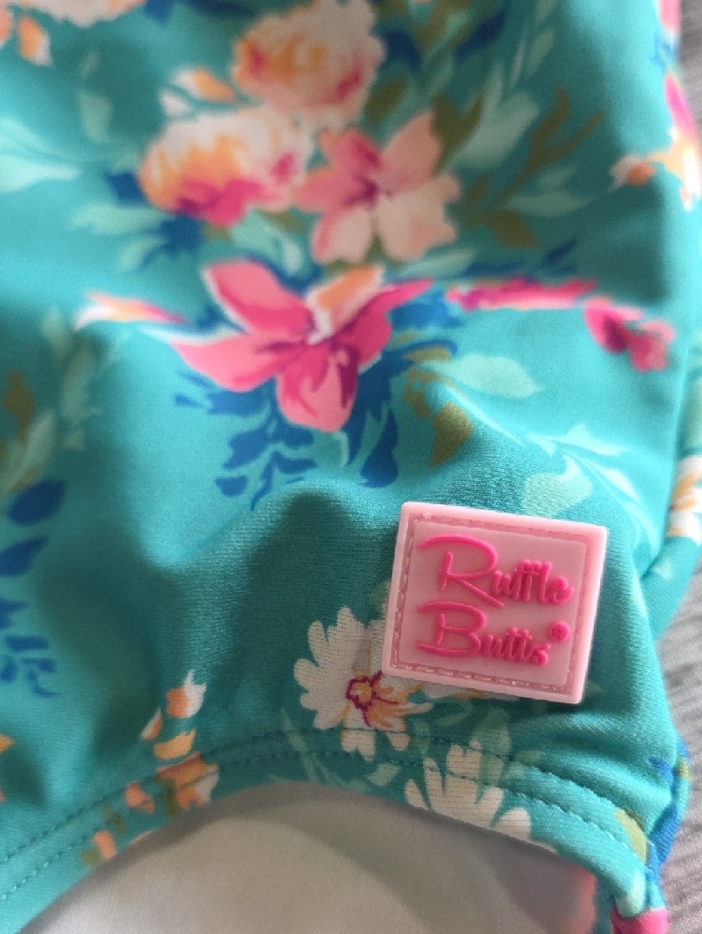 Ruffle Butts Teal Floral One-Piece Swimsuit with Pink Ruffles Little Girl Size 5 - Picture 7 of 8